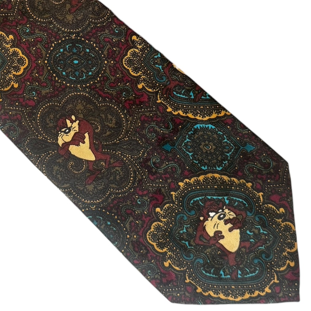 Looney Tunes Mania Taz Tasmanian Devil Paisley Tie Vtg 1995 Burgundy Warner Bros